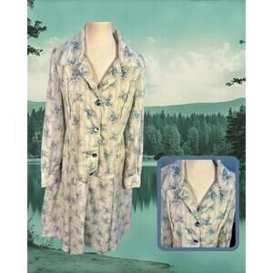 Vintage 50s Blue Coral Floral Country Olive Dots Shirt Day Dress XL